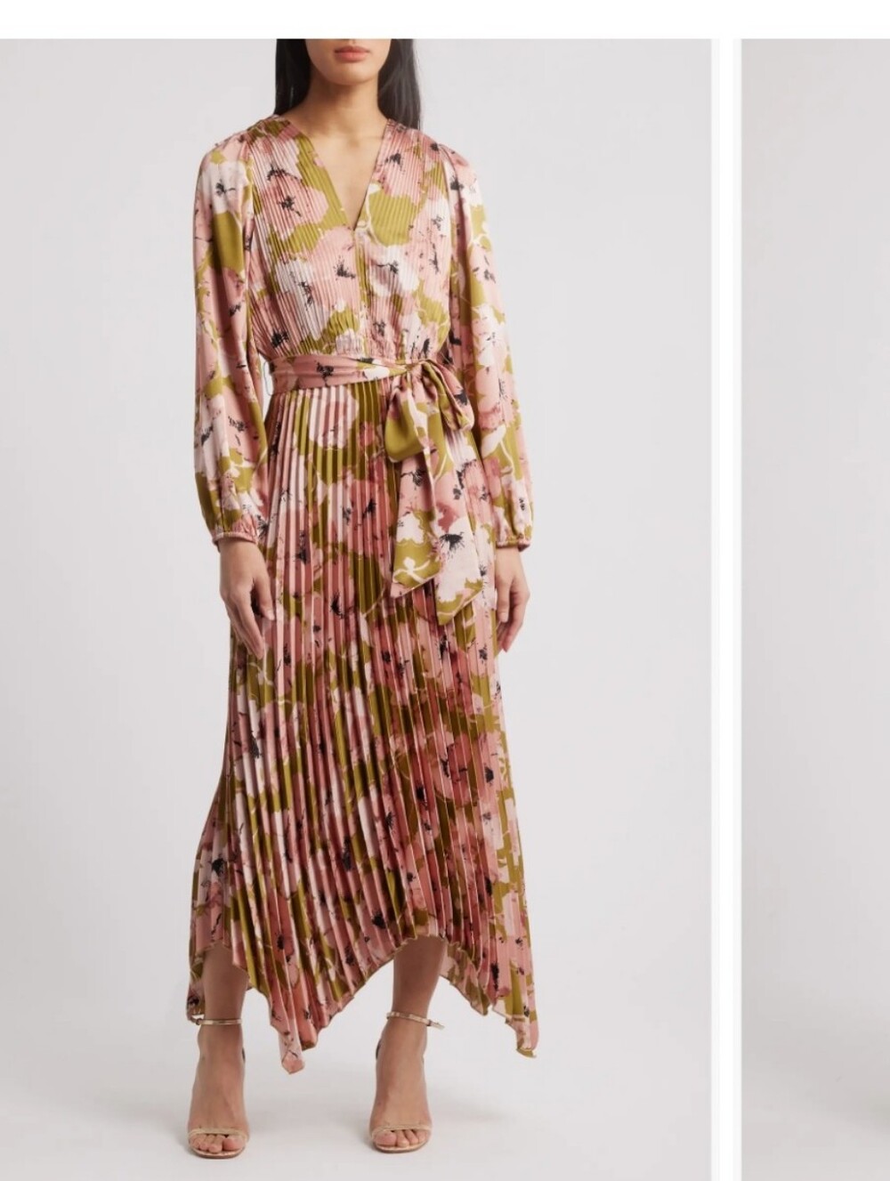 MELLODAY Pink Floral Pleated High-Low Midi Dress with Olive Accents - Picture 4 of 10